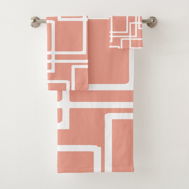 Retro Modern White Rectangles On Coral Bath Towel Set (Insitu)