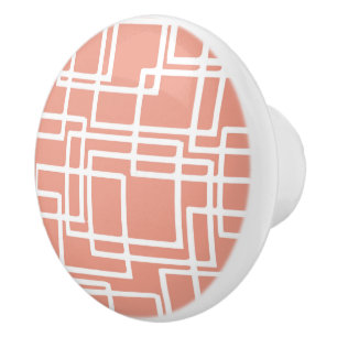 Retro Modern White Rectangles On Coral Ceramic Knob
