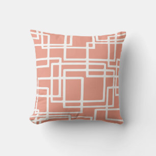Retro Modern White Rectangles On Coral Cushion