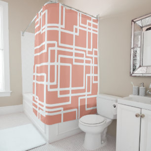 Retro Modern White Rectangles On Coral Shower Curtain