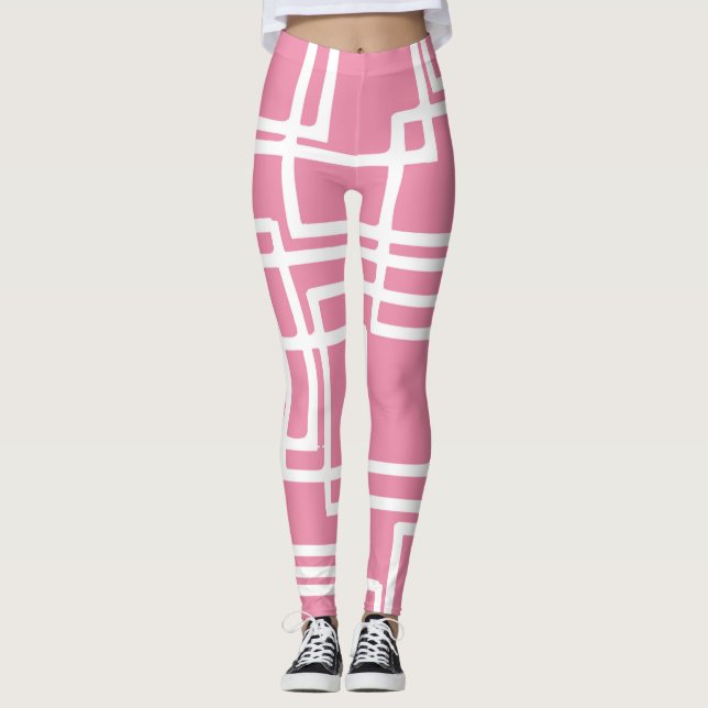 Retro Modern White Rectangles On Girly Pink Leggings (Front)