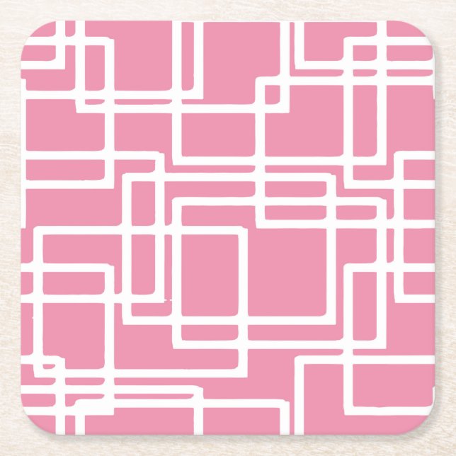 Retro Modern White Rectangles On Girly Pink Square Paper Coaster (Front)