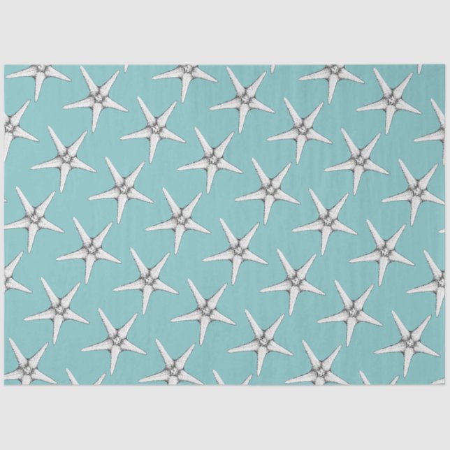 Retro modern white starfish patterned aqua blue tissue paper (Front)