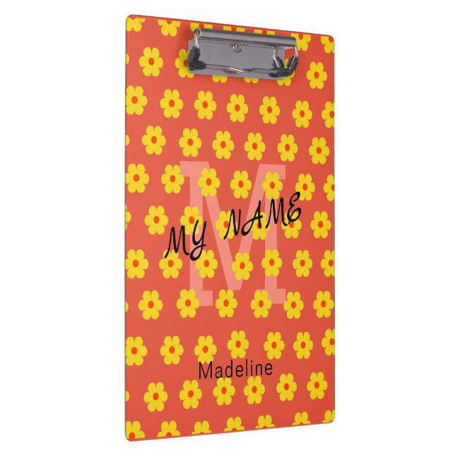 retro modern yellow orange flowers monogram  clipboard (Right)