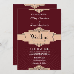 Retro Moderne Burgundy Rusty Art Deco Wedding Invitation