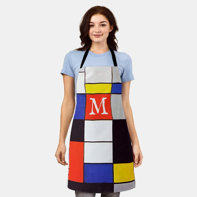 Retro Mondrian Geometric Custom Monogram Apron (Worn)