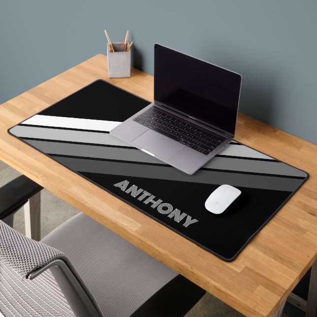 Retro Monochrome Grey White Stripes Art On Black Desk Mat (Office 2)