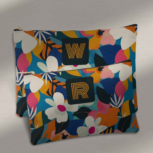 Retro Monogram 70s Boho Modern Floral Pattern Accessory Pouch (Retro Floral 70s Style Colorful Boho FLowers Pounch for WOmen.)