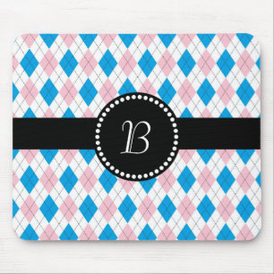 Retro Monogram Argyle Pattern Pink White Blue Mouse Pad
