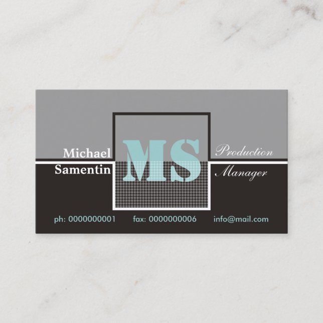 Retro Monogram black grey blue business cards (Front)