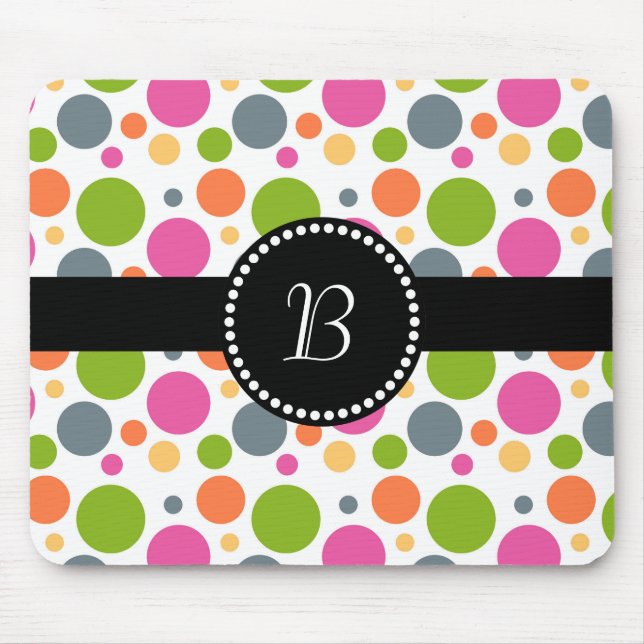 Retro Monogram Colourful Polka Dot Mouse Pad (Front)