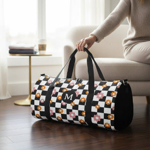 Retro Monogram Daisy Flower Chequerboard Pattern Duffle Bag