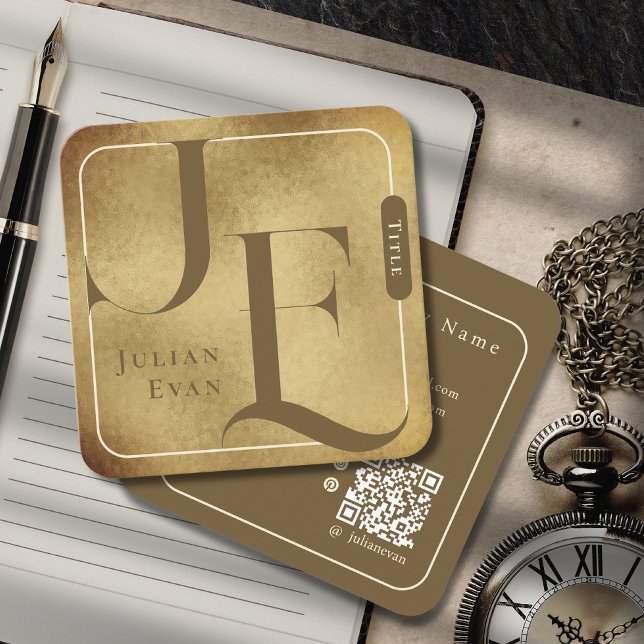 Retro Monogram Metallic Gold Square Business Card (Creator Uploaded)