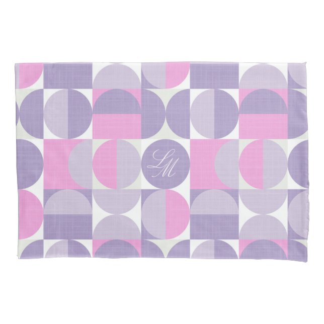 Retro Monogram Pink Purple Mid-Century Circles Pillowcase (Front)