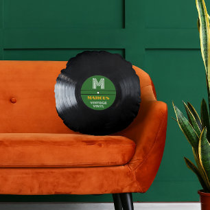 Retro Monogram Record Album Green Round Cushion