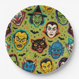 Retro Monster Mask Halloween Paper Plate