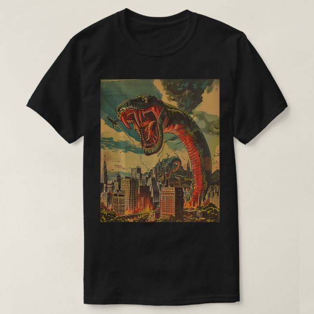 Retro Monster Python Snake Attacking City Building T-Shirt (Design Front)