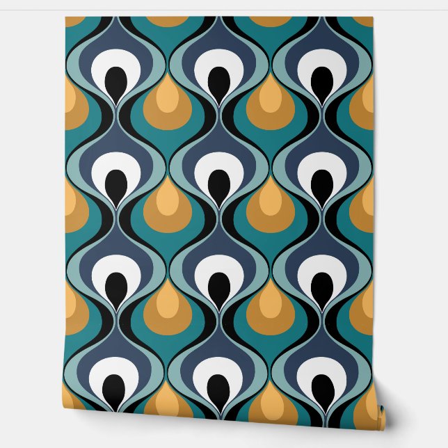 Retro Mood Mustard Teal Aqua Blue Brown Wallpaper (Unrolling)