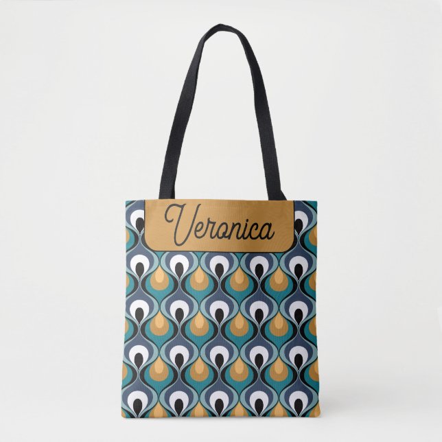 Retro Mood Teal Mustard Name Personalized Tote Bag (Front)