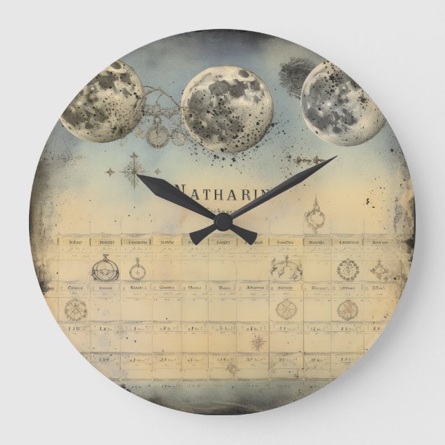 Retro Moon Phase Almanac - Nostalgic Celestial Ele Large Clock (Front)