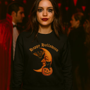 Retro Moon, Pumpkin, Black Cat & Bat Halloween Sweatshirt