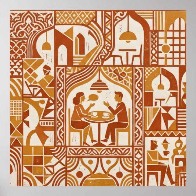 Retro Moroccan Cafe Scene Geometric Terracotta Art Poster (Front)