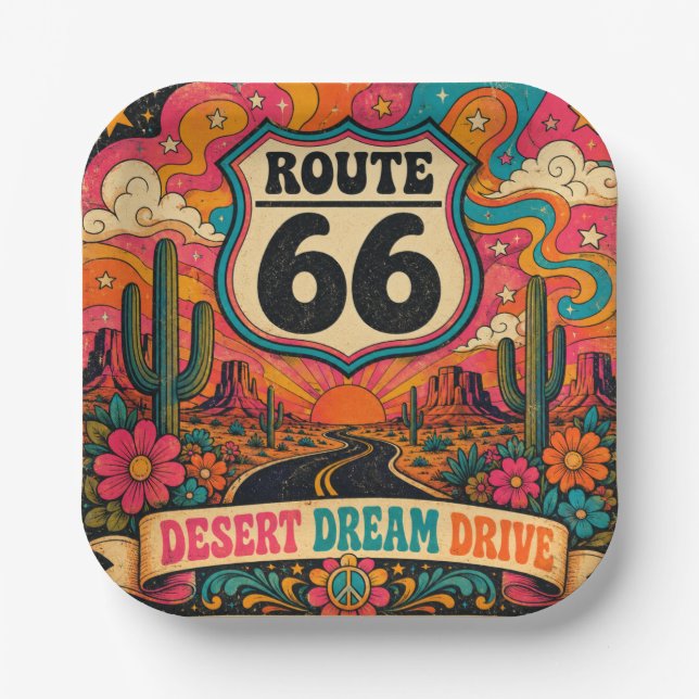 Retro Mother Road Sixties Trippy Highway Tableware Paper Plate (Front)