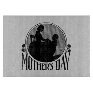 Retro Mother's Day Silhouette Light Gray Glass Cutting Board