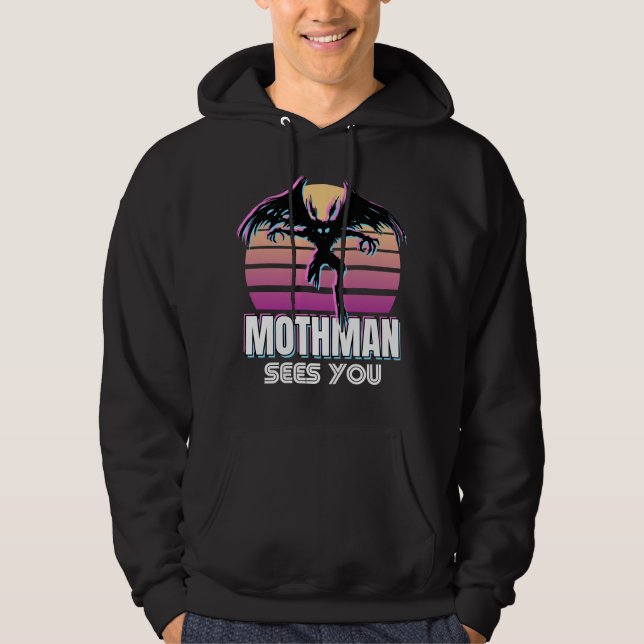 Retro Mothman Sees You Funny Cryptid Gift Hoodie (Front)