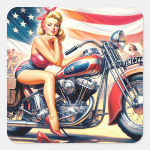 Retro Motorcycle Pin Up Square Sticker