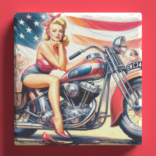 Retro Motorcycle Pin Up Stone Coaster