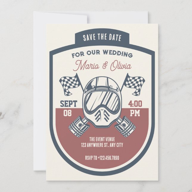 Retro motorcycle racing wedding save the date (Front)