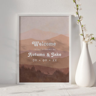 Retro Mountain and Forest Pink Wedding Welcome Poster