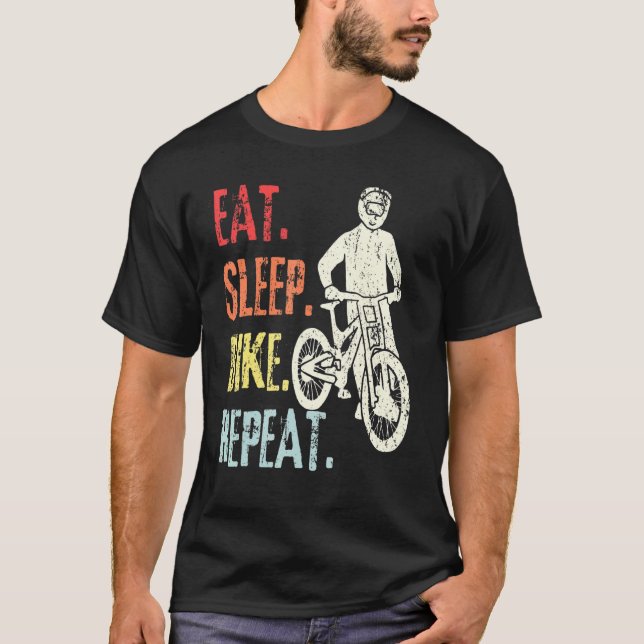 Retro Mountain Biking Bicycle Cycling Eat Sleep Bi T-Shirt (Front)