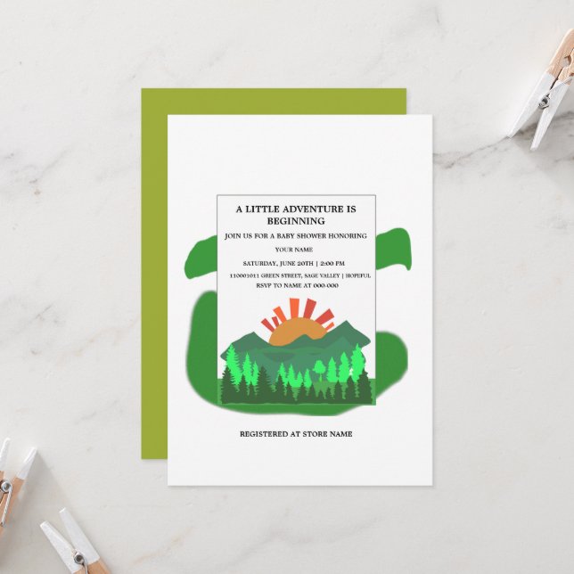 Retro Mountain Forest Baby Shower Invitation Sage (Front/Back In Situ)