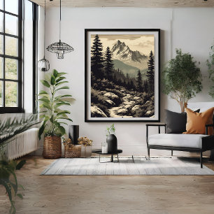 Retro Mountain Landscape Fir Trees Poster