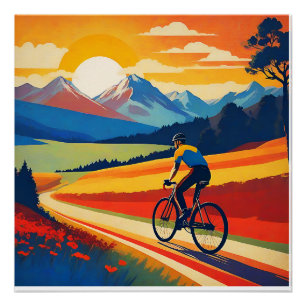 Retro Mountain Landscape Illustration Bicyclist Poster