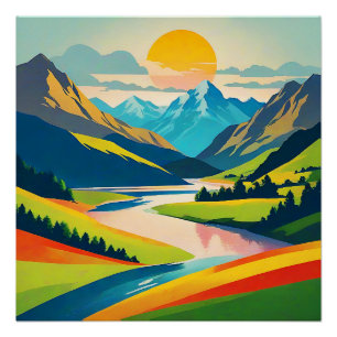 Retro Mountain Landscape Illustration Colorful Poster