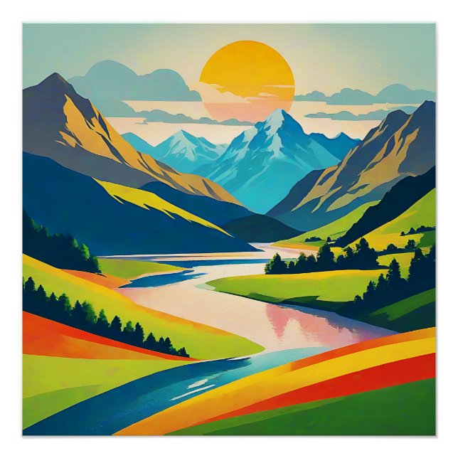 Retro Mountain Landscape Illustration Colourful Poster (Front)
