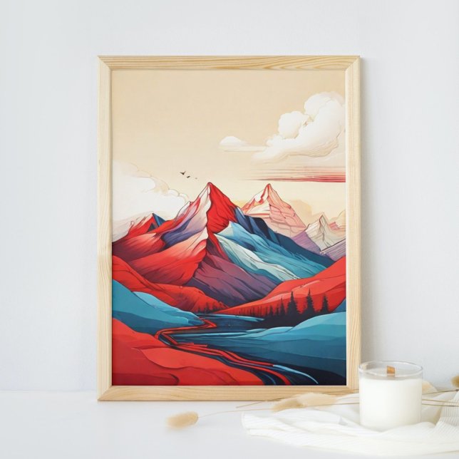 Retro Mountain Landscape Illustration Red Blue Art Poster (Creator Uploaded)