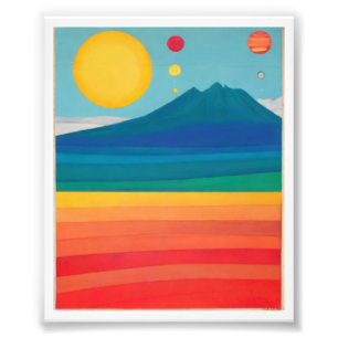 Retro Mountain Landscape Illustration Red Blue Pos Photo Print