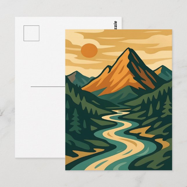 Retro Mountain Landscape Illustration Red Blue Postcard (Front/Back)