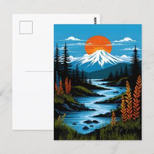 Retro Mountain Landscape Illustration Red Blue Postcard