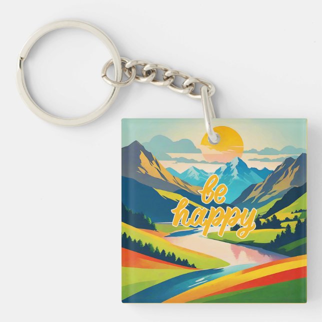 Retro Mountain Landscape Key Ring (Front)