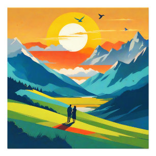 Retro Mountain Landscape Love Photo Print