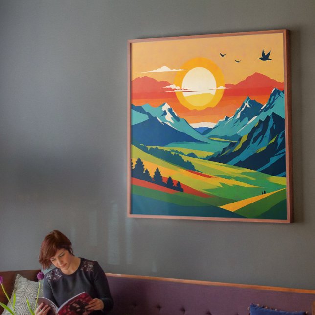 Retro Mountain Landscape Nature Illustration  Poster (Vibrant Mountain Morning with Rising Sun Poster)