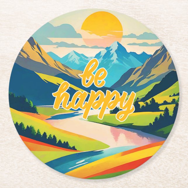 Retro Mountain Landscape Round Paper Coaster (Front)