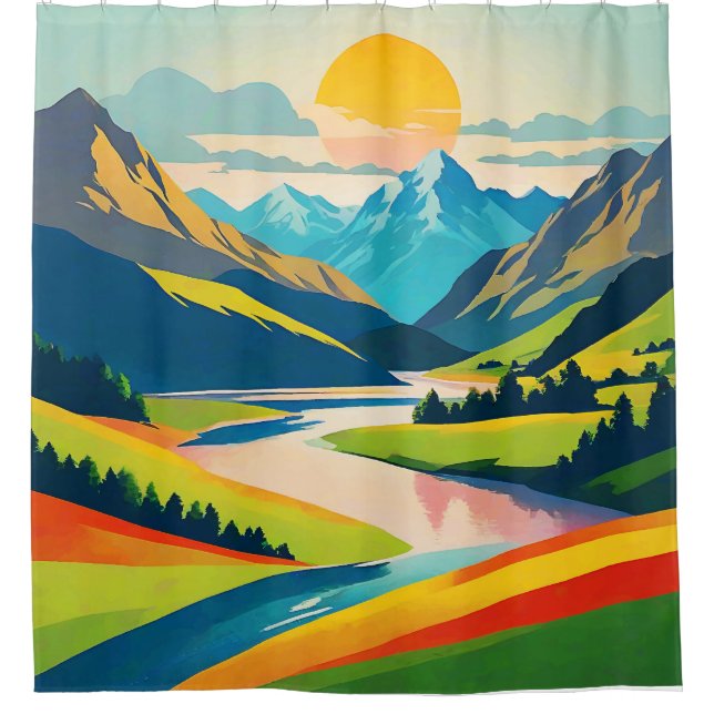 Retro Mountain Landscape Shower Curtain (Front)