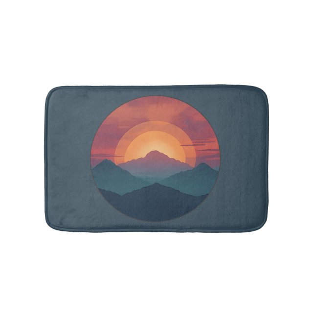 Retro Mountain Sunset Art Watercolor Painting Blue Bath Mat (Front)