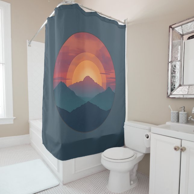 Retro Mountain Sunset Art Watercolor Painting Blue Shower Curtain (In Situ)